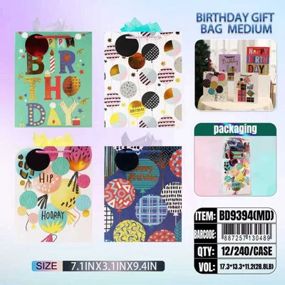 BD9394-MD, Birthdays Gift Bags MD. Assorted x4 Styles  7.1"x3.9"x9", 887257130489
