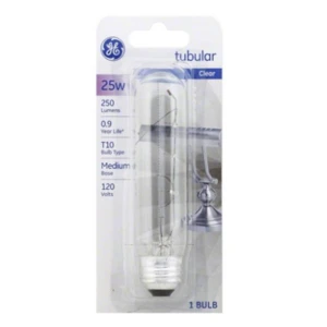 GE62458, GE 25W Crystal Clear T10 Tubular Bulb, 043168909051