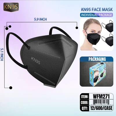 WFM271, Black KN95 Disposable Face Mask 12/Box Individual Package, 887257712715