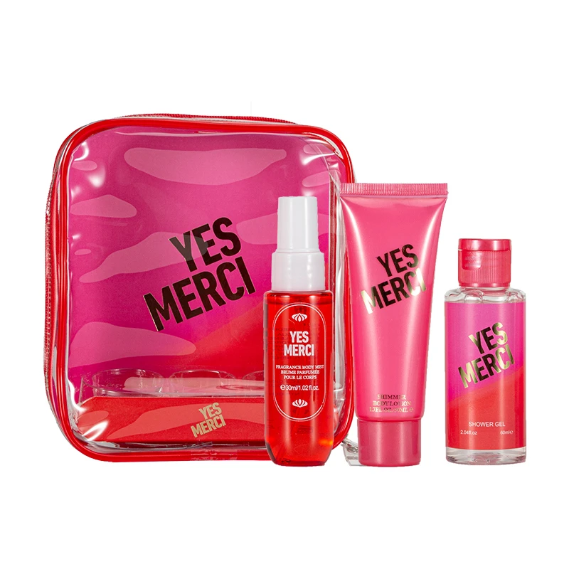 Women's 3pcs Bag Gift Set YES MERCI 1.02fl.oz Body Mist 2.04fl.oz Shower Gel 1.7fl.oz Body Lotion