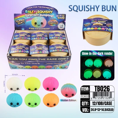 TB026, Ralex Squishy Dumplings Surprise Glow In Dark Soild & Rainbow 3.35", 887258010261