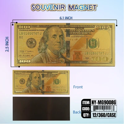 NY-MG9008G, Money Magnet $100 Bill Gold, 887257990083
