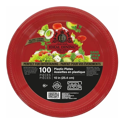 36125, Ideal Dining Plastic Plate 10in Red 100CT, 191554361256