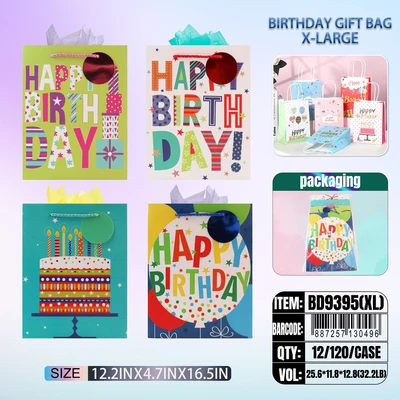 BD9395-XL, Birthdays Gift Bags XL. Assorted x4 Styles 12.2"x4.7"x16.5", 887257130496