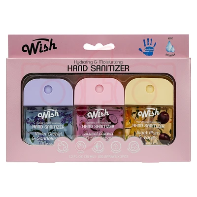 60420, Wish Travel Size (Set of 3 Scents,Each 1.2 FL. OZ) Power Mist Hydrating Hand Sanitizer Spray Portable Sanitizer Spray, 2 fragrance variants.Coconut Dragonfruit Vanilla/Violet Sweet Plum, 191554604209