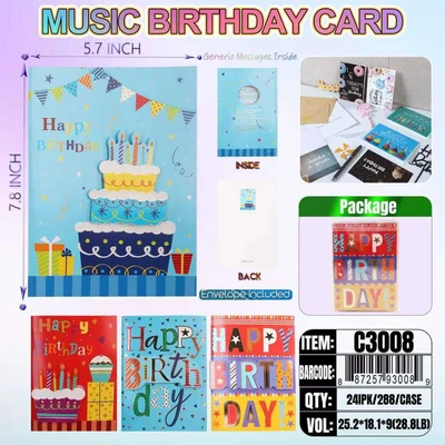 C3008, Birthday Greating Music Card 4x Assorted, 887257930089