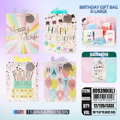 BD9390-XL, Birthday Gift Bags XL.Assorted x4 Styles 11.8"x4.7"x16.5", 887257130557