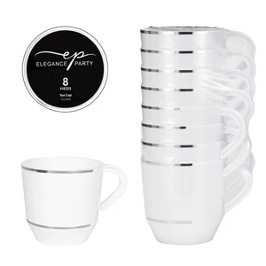36255, Elegance Party 8PK 12.5oz Tea Cup White+Silver, 191554362550