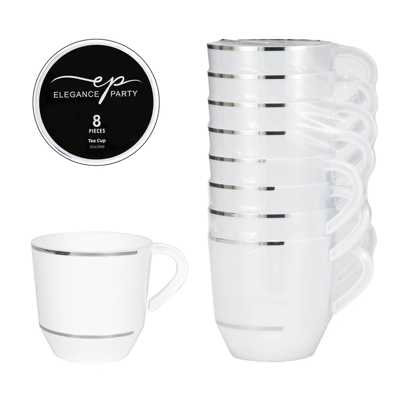 Elegance Party 8PK 12.5oz Tea Cup White+Silver