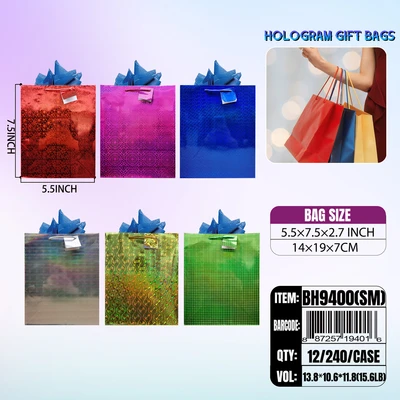 BH9400-SM, Holohgram Gift Bags SM Asstd.x6 Color 7.5"x5.5"x2.7", 887257194016