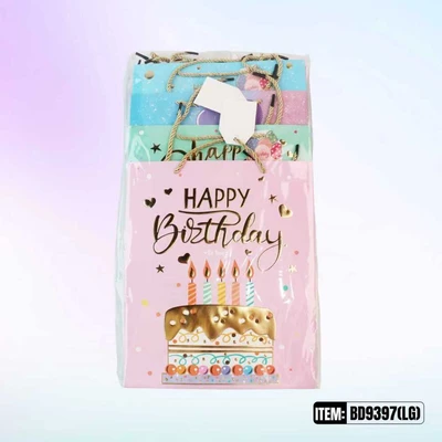 BD9397-LG, Birthday Gift Bags LG x4 Assted. 10.2"x3.9"x12.6", 887257130403