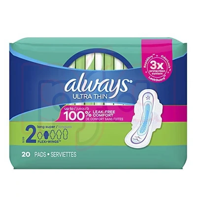 ALW-12858, Always Ultra Thin Pads 20Count Daytime Regular Size 2 W/ Wings Long Super Unscented, 3077212858