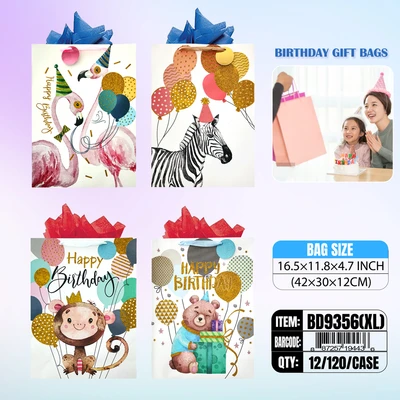BD9356-XL, Birthday Gift Bags XL.Assorted x4 16.5"x11.80"x4.7", 887257194443