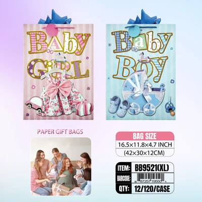 BB9521-XL, Baby Gift Bags XL.Assorted x4 16.5"x11.80"x4.7", 887257195518