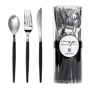 36276, Elegance Party 32PK Cutlery  Black+Silver, 191554362765
