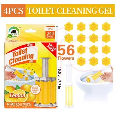 60131, Toilet Cleaning Gel 4 Packs Clean Lemon Scent 6.43oz with 56 Stamps 4 Packs - Air Fusion, 191554601314