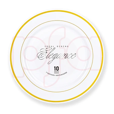 36208, Elegance Plate 9" White + 2 Line Stamp Gold, 191554362086