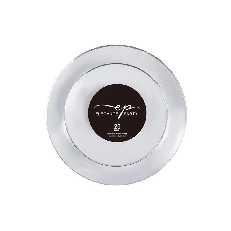 Elegance Plastic Plate 7.5" and 10.25" White +Rim Stamp Silver 20Pcs