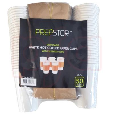 PS16-50, Prepstor 16oz White Hot Coffee Paper Cups with Sleeves & Lids 50CT