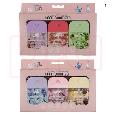 OL60420, Wish Hand Sanitizer Spray 1.2oz w/COLOR BOX (4) Sweet Guava/Black Plum/Cucumbe Melon/Violet Orchid, 191554604209