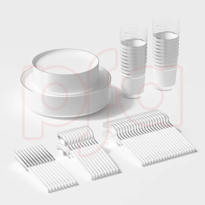 OL36453, 140PK 经典餐具套装白色+银边