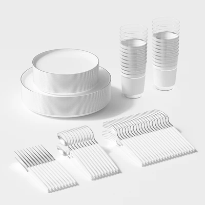 OL36453, 140PK 经典餐具套装白色+银边
