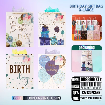 BD9389-XL, Birthday Gift Bags XL.Assorted x4 Styles 11.8"x4.7"x16.5", 887257130663