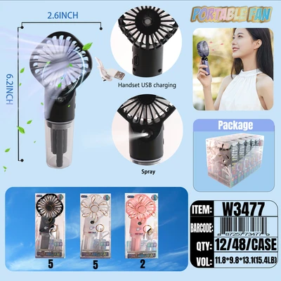 W3477, Spray Rechargeable Portable Fan Assorted Color/PDQ, 887257734779