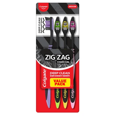 CTB-ZZ4CL, Colgate Toothbrush Zig Zag 4PK w/ Cover Charcoal LABELLED, 8901314532022