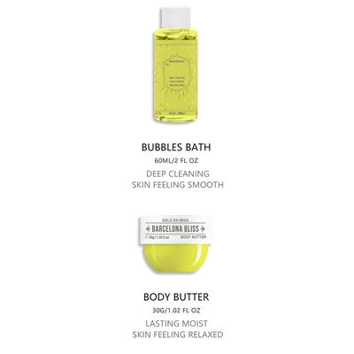 89496, Women's 3 Pcs Bag Set 3.4 oz Body Mist 2 oz Bubble Bath 1.02 oz Body Butter Barcelona Bliss 24 - Solo En lbiza, 191544894962