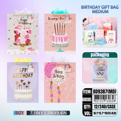 BD9387-MD, Birthday Gift Bags MD.Assorted x4 Styles 7.1"x3.1"x9.4", 887257130656