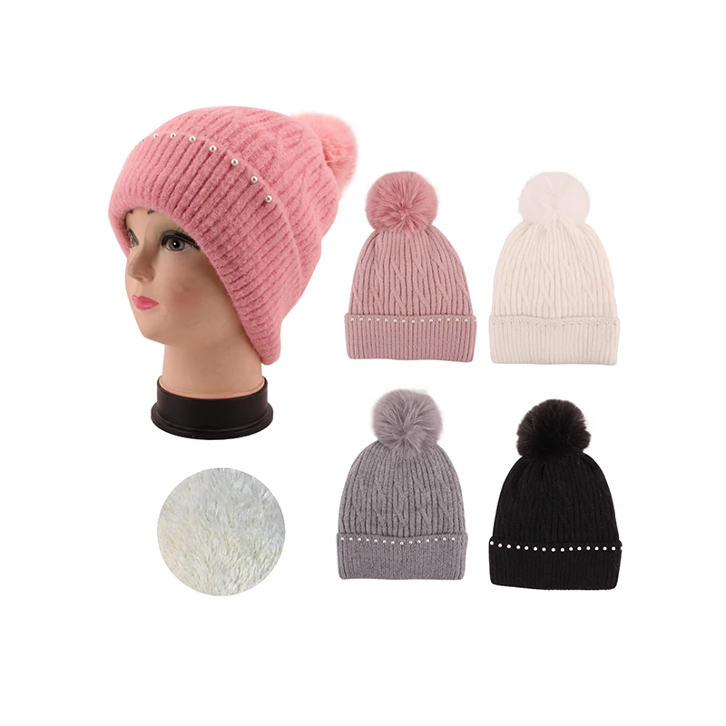Thermaxxx Winter Ladies Pom Pom Hat Pearls w/ Fur Lining