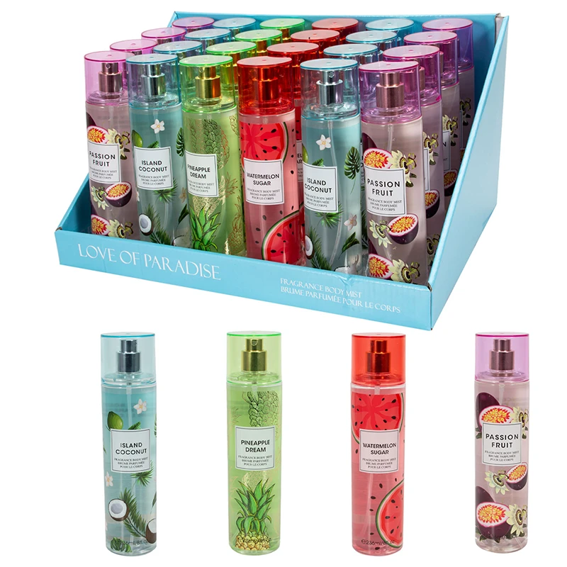 Women's Body Mist Display 8 oz/ 236 ml Love Of Paradise, 4 Scents Island Coconut/Passion Fruit/Pineapple Dream/Watermelon Sugar - United Scents