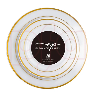 36231, Elegance Plastic Plate 7.5" and 10.25" White +2 lines Gold Stamp 20Pcs, 191554362314