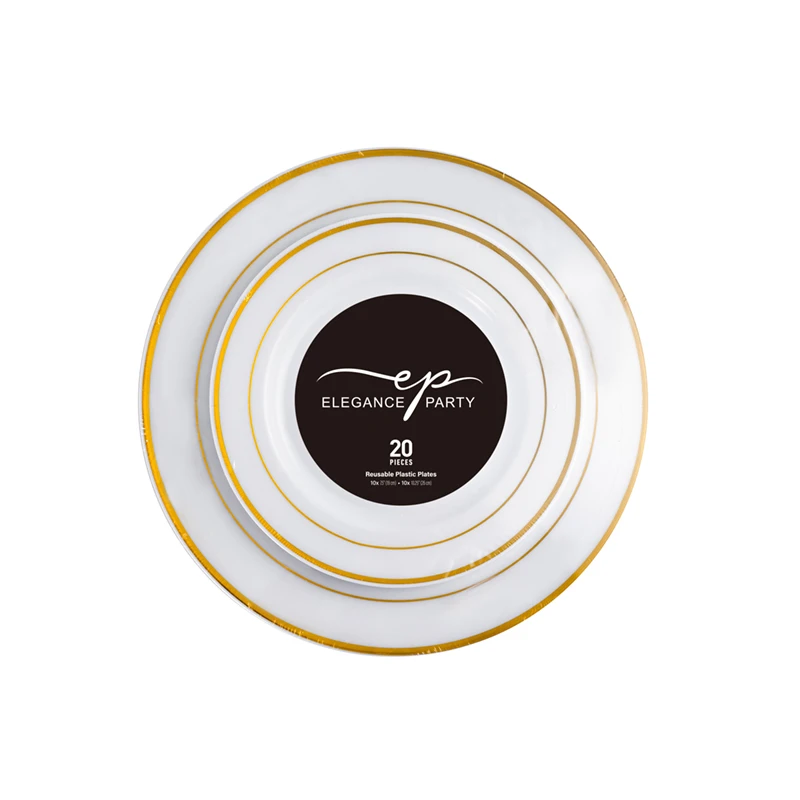 Elegance Plastic Plate 7.5" and 10.25" White +2 lines Gold Stamp 20Pcs