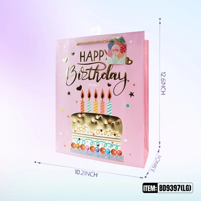 BD9397-LG, Birthday Gift Bags LG x4 Assted. 10.2"x3.9"x12.6", 887257130403