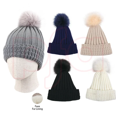 10143, Thermaxxx Ladies Pom Pom Hat w/ Fur lining Knit Cuff, 191554101432