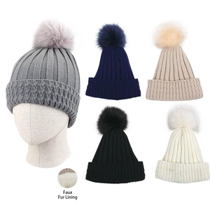 10143, Thermaxxx Ladies Pom Pom Hat w/ Fur lining Knit Cuff, 191554101432