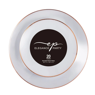 36237, Elegance Plastic Plate 7.5" and 10.25" White +Rim Stamp Rose Gold 20Pcs, 191554362376