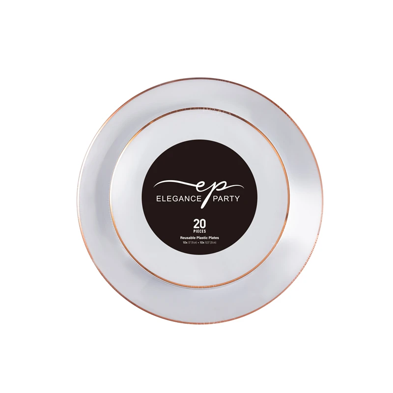 Elegance Plastic Plate 7.5" and 10.25" White +Rim Stamp Rose Gold 20Pcs