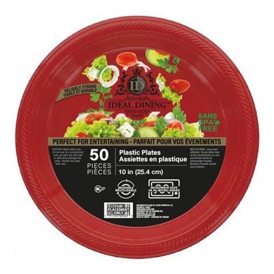 36124, Ideal Dining Plastic Plate 10in Red 50CT, 191554361249