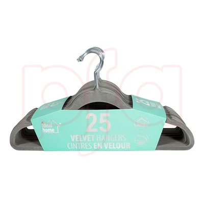 45023, Ideal Home Velvet Hanger 25PK Grey Silver Hook, 191554450233