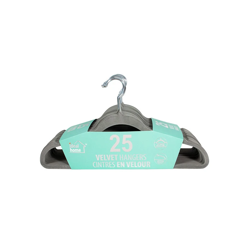 Ideal Home Velvet Hanger 25PK Grey Silver Hook