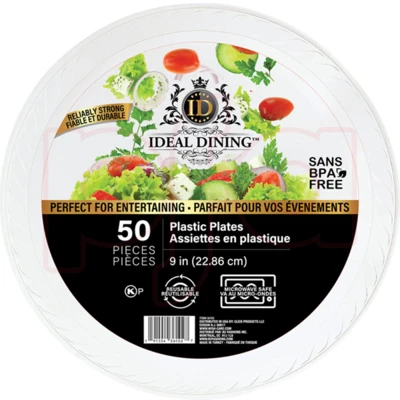 36102, Ideal Dining Plastic Plate 9in White 50CT, 191554361027