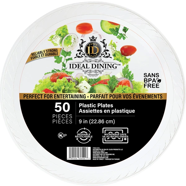 36102, Ideal Dining Plastic Plate 9in White 50CT, 191554361027