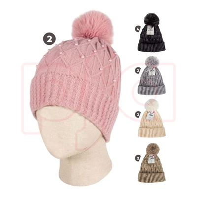 10148, Cindy Claire Ladies Pom Hat w/Fur Lining Knit Pearls, 191554101487