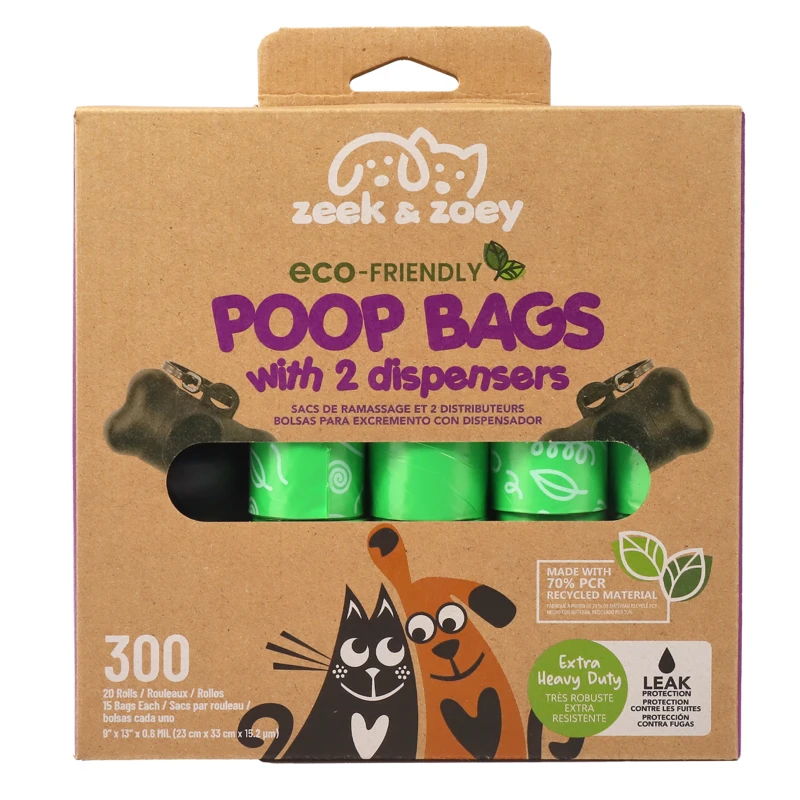 Zeek & Zoey 100%PCR ECO Friendly Poop Bags 300CT With 2Pcs Dispenser Post