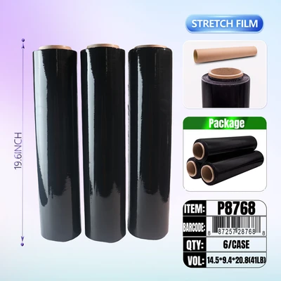 P8768, Black Shrink Stretch Film Wrap19.7"Inch x 3KGs/Roll, 887257287688