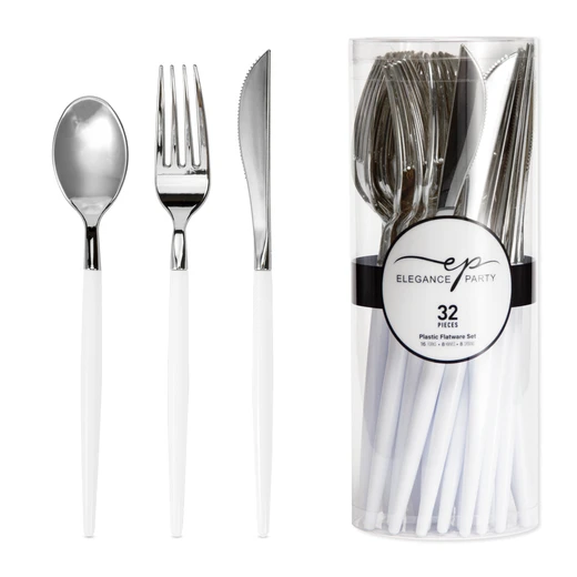 36260, Elegance Party 32PK Cutlery White+Silver, 191554362604