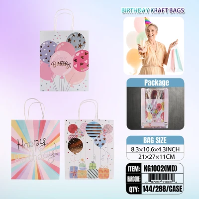 KG1002-MD, Birthday Kraft Bags x3 Assted  10.6"x8.6"x4.3", 887257110054